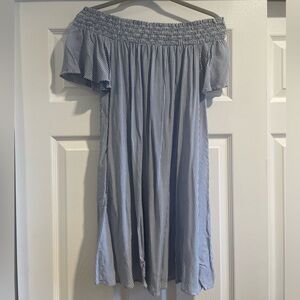 Off the shoulder blue and white striped dress